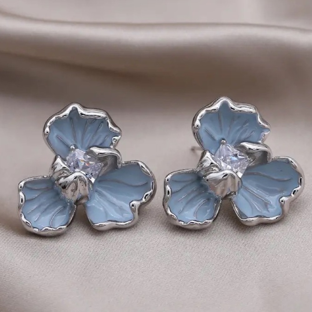 Blue Enamel Zircon Floral Silver Earrings - Picture 1 of 5
